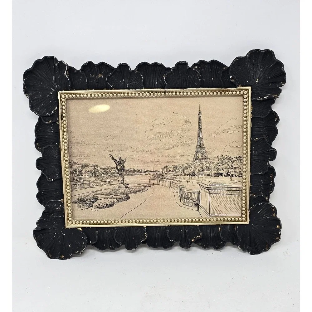 Paris Eiffel Tower ink sketch framed art black gold ornate scalloped frame